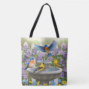 Bolso De Tela Goldfinches de Bluebirds y baño de aves en la fuen