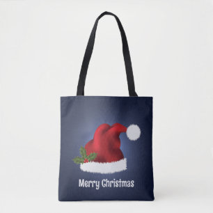Bolso De Tela Gorra de Santa Roja Con Acebo de Navidad Sobre Azu