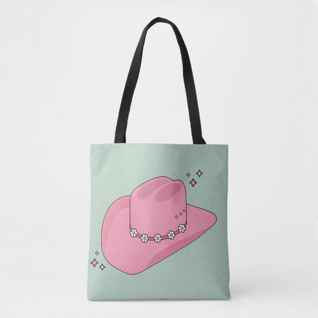 Bolso De Tela Gorra De Vaquero Preppy Rosa Y Verde (Anverso)