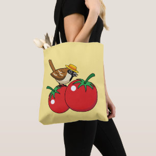 Bolso De Tela Gorrión Amante Orgánico Comiendo Tomate Rojo