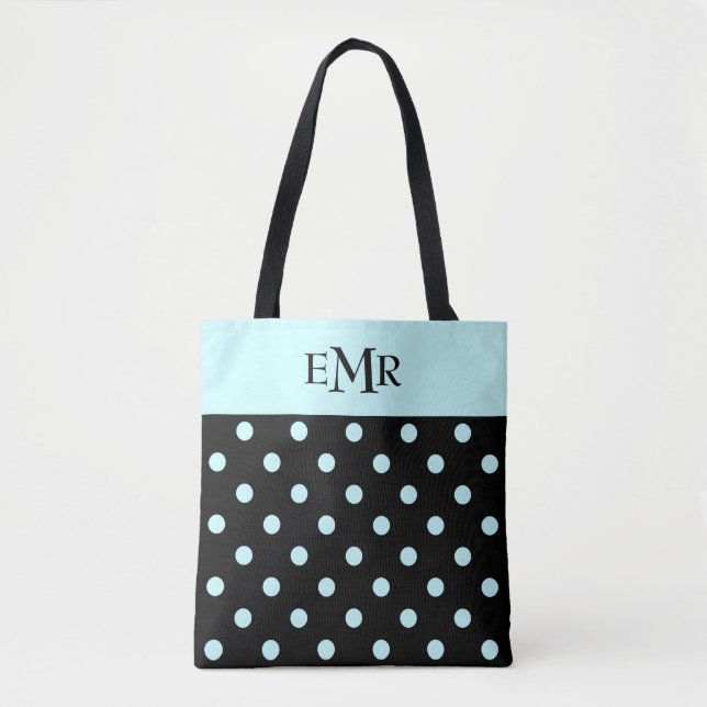 Bolso De Tela Gotas de lluvia puntos de polka azul en monograma  (Anverso)