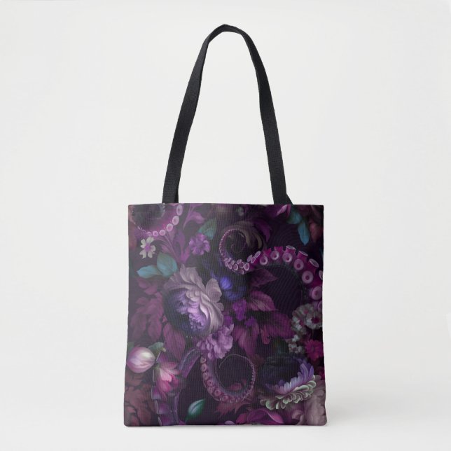Bolso De Tela Gothic Dark Pink Tentacle With Flowers  (Anverso)