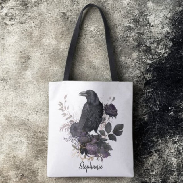 Bolso De Tela Gothic Raven & Midnight Blooms (Floral black raven personalized tote bag)