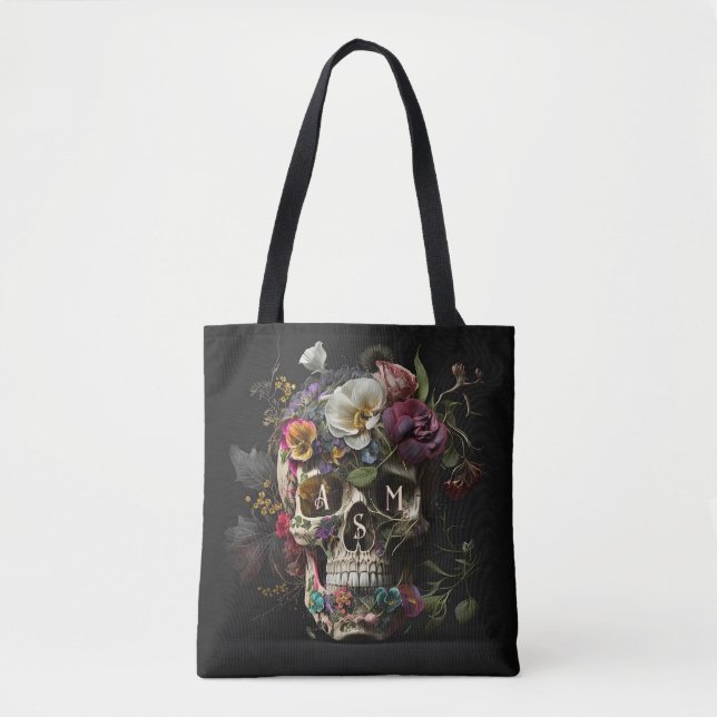 Bolso De Tela Gótico de cráneo floral Pagan Monograma Iniciales (Anverso)