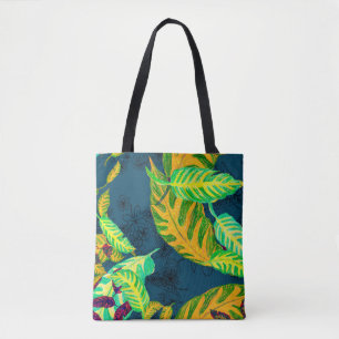 Bolso De Tela Gouache azul de tintes tropicales. Patrón tropical