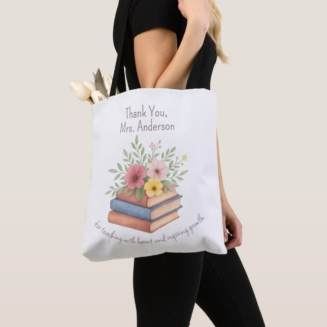 Bolso De Tela Gracias Profesor - Libros y flores acuáticas - (Detalle)