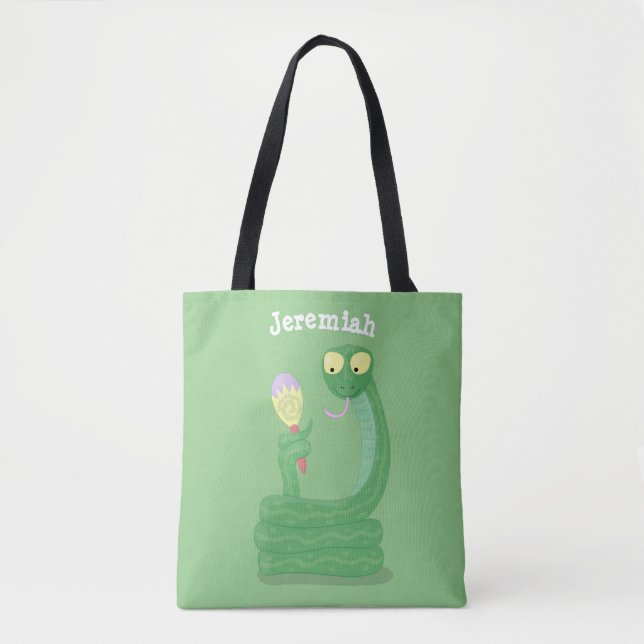 Bolso De Tela Graciosa serpiente verde con maraca personalizado (Anverso)