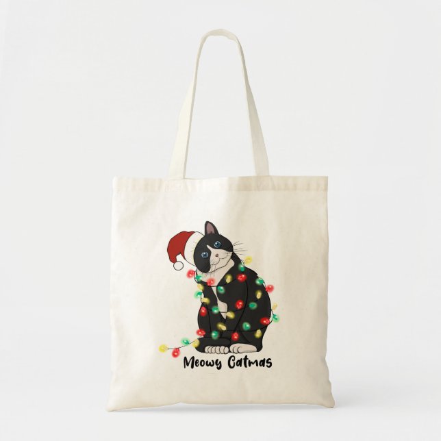 Bolso De Tela Gracioso Gato de Feliz Navidad (Frente)
