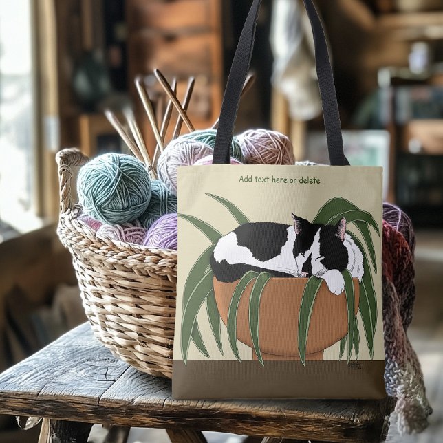 Bolso De Tela Gracioso gato de planta blanca negra (Subido por el creador)