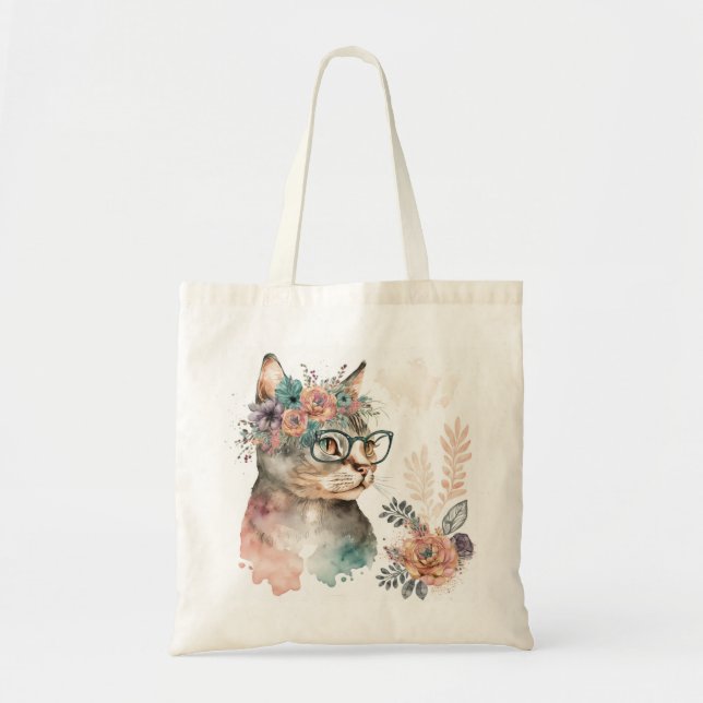 Bolso De Tela Gracioso gato floral con vidrio (Frente)