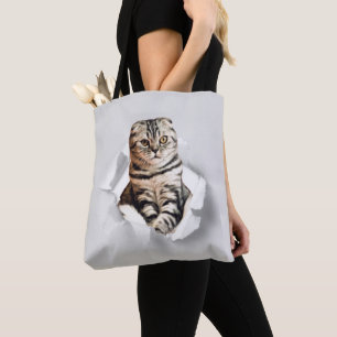 Bolso De Tela Gracioso Gato Gris recorriendo la ilusión de papel