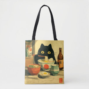 Bolso De Tela Gracioso gato negro comiendo Ramen Vintage japon