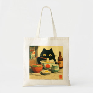 Bolso De Tela Gracioso gato negro comiendo Ramen Vintage japon