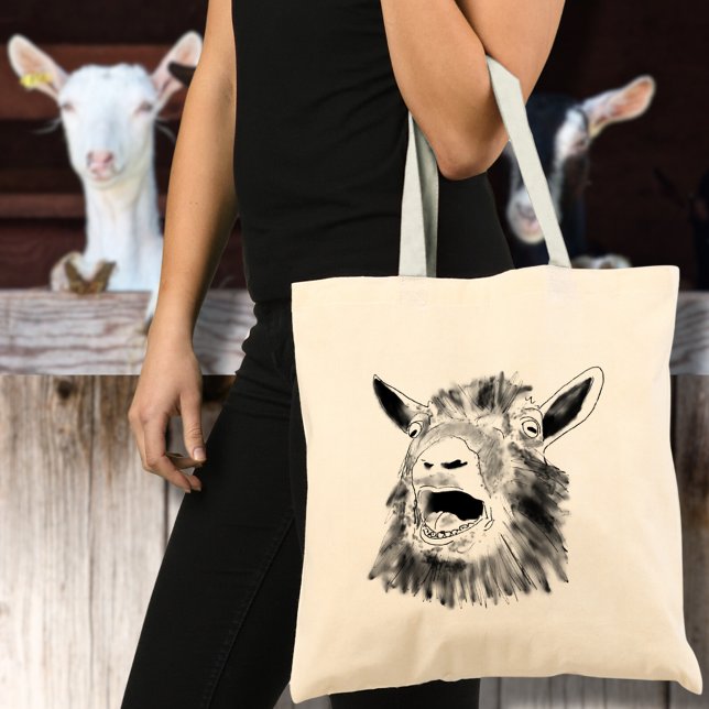 Bolso De Tela Gracioso grito de cabra dibujando extravagante art (Funny screaming goat drawing tote bag black and white farm animal art humor)