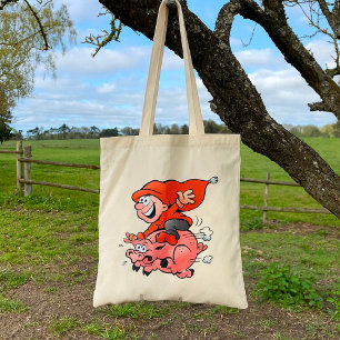 Bolso De Tela Gracioso Personalizado Gnome Montando Cerdo Volado