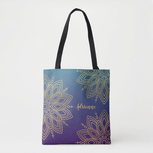 Bolso De Tela Gradiente Verde azulado púrpura Faux Gold Mandala (Anverso)