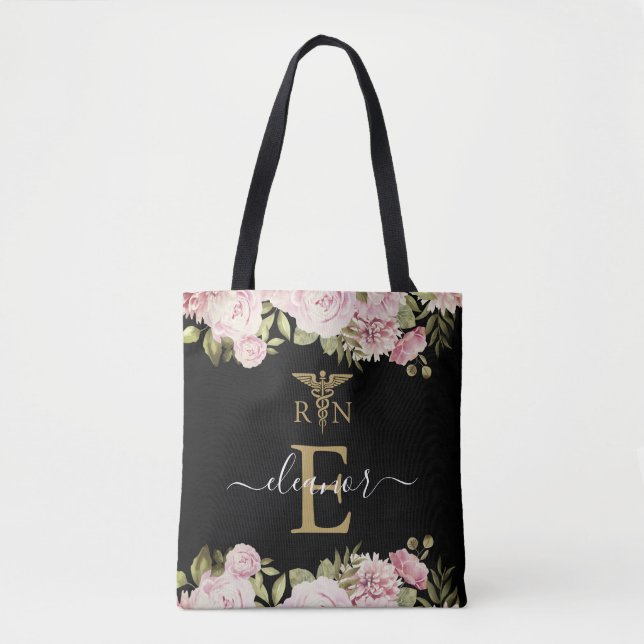 Bolso De Tela Graduación de Enfermeras con matrícula floral Gold (Anverso)