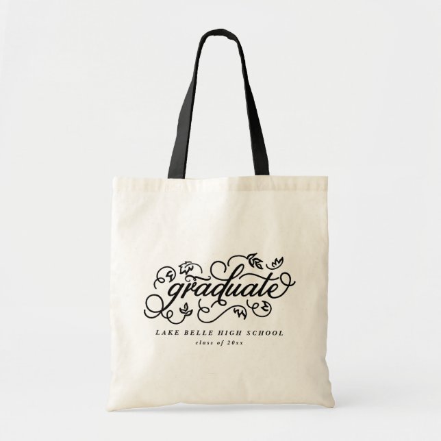Bolso De Tela Graduación de escritura floral radical negra (Frente)