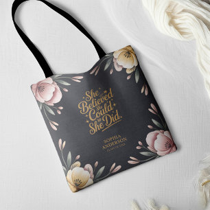 Bolso De Tela Graduación Inspiradora Cita Floral de oro y negro