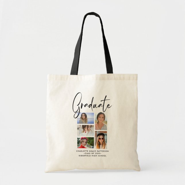 Bolso De Tela Graduado Elegante Script Multifoto Graduado (Frente)