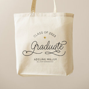 Bolso De Tela Graduado Moderno Script Gold Heart Graduation Name