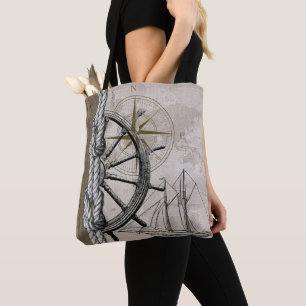 Bolso De Tela Gráfico náutico beige y marrón vintage
