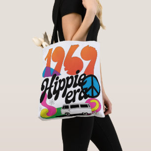 Bolso De Tela Gráfico Retro de la Era Hippie 1969 con Símbolo de