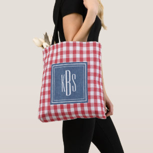 Bolso De Tela Gran Monograma en Hombro de Cuadros Rojos y Blanco