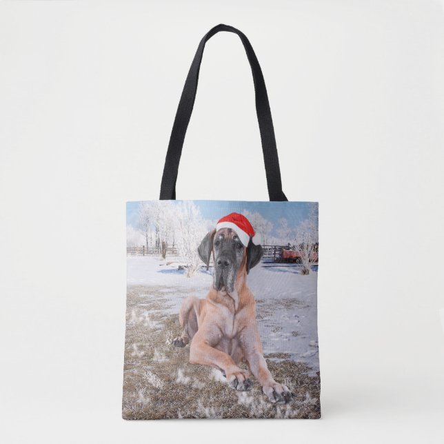 Bolso De Tela Gran Perro De Azulejos Sentado En Gorra De Navidad (Anverso)