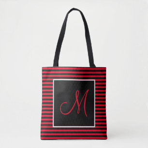Bolso De Tela Gran personalizado inicial rojo y negro rayado