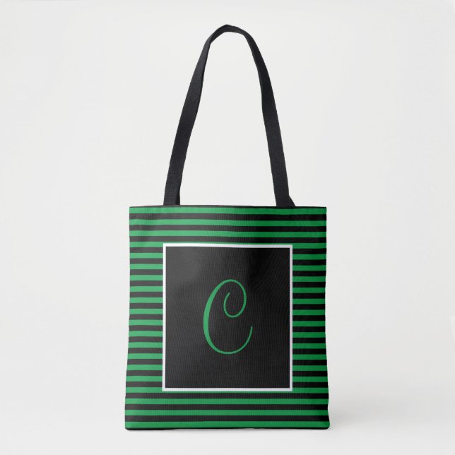 Bolso De Tela Gran personalizado inicial verde y negro rayado (Anverso)