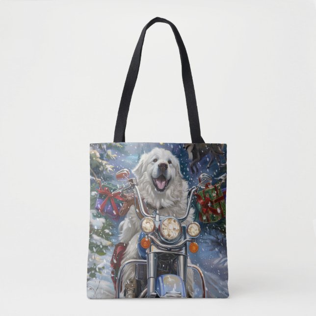 Bolso De Tela Gran Pirineo Cabalgando Motocicleta Navidad (Anverso)