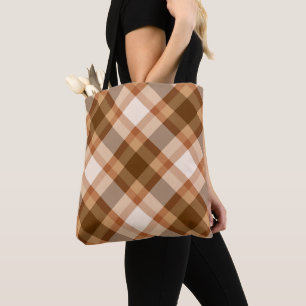 Bolso De Tela Gran Plaid Moderno, Marrón, Beige, Cobre y Tan
