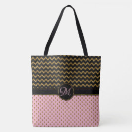 Bolso De Tela Grande con monograma de Chevron del oro del negro
