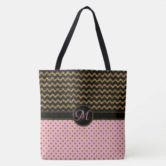 Bolso De Tela Grande con monograma de Chevron del oro del negro (Anverso)