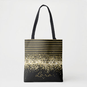 BOLSO DE TELA GRANDE PERSONALIZADA PURPURINA DEL NEGRO DEL ORO