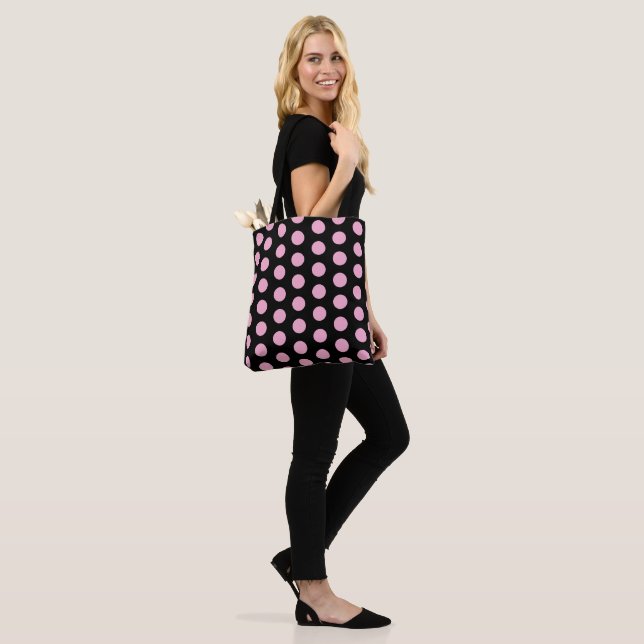 Bolso De Tela Grandes puntos de polka rosada en negro (Puesto)
