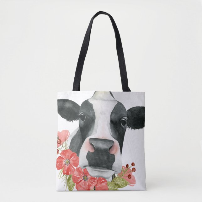 Bolso De Tela Granja de amapola - Vaca con flores (Anverso)