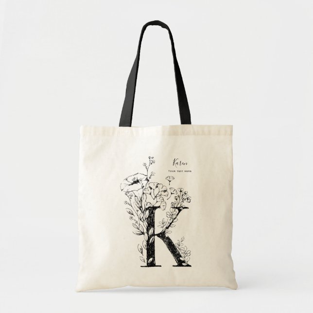 Bolso De Tela Granja orgánica Letra floral monograma K (Frente)
