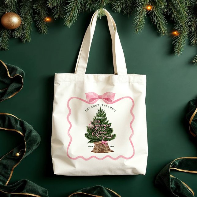 Bolso De Tela Granja Retro Familiar Árboles de Navidad Frescos B (Family Retro Farm Fresh Christmas Trees Pink Bow Tote Bag)