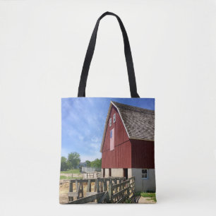 Bolso De Tela Granjas   Granero Rojo Con Bandera Estadounidense