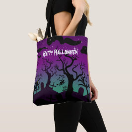 Bolso De Tela Graveyard negro, violeta, turquesa Feliz Halloween