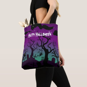 Bolso De Tela Graveyard negro, violeta, turquesa Feliz Halloween