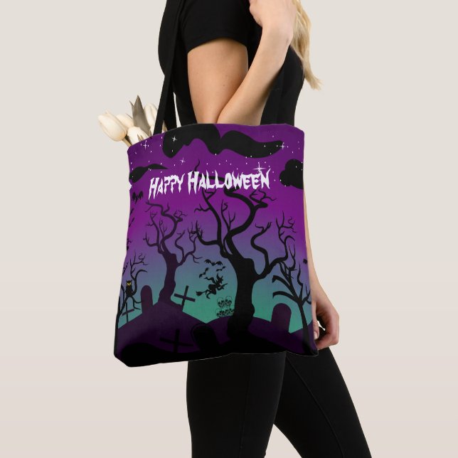 Bolso De Tela Graveyard negro, violeta, turquesa Feliz Halloween (Detalle)