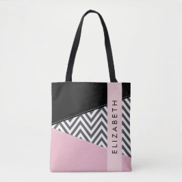 Bolso De Tela Gray Zigzag, Gray Chevron, Pink, Tu Nombre
