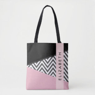 Bolso De Tela Gray Zigzag, Gray Chevron, Pink, Tu Nombre