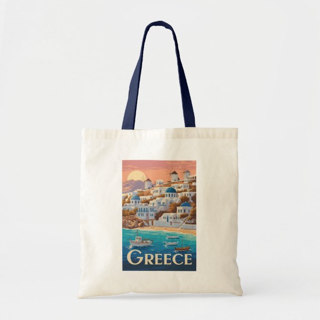 Bolso De Tela Grecia Mikonos Ilustracion Viaje arte (Frente)