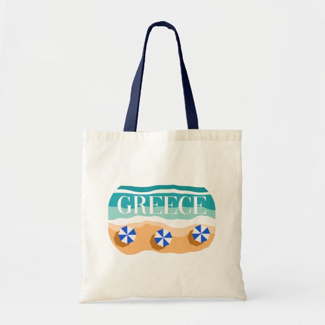 Bolso De Tela Grecia: Playa de arena con paraguas azules y olas (Frente)