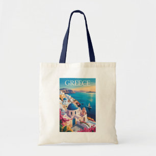 Bolso De Tela Grecia Santorini Ilustracion Viaje Arte Vintage