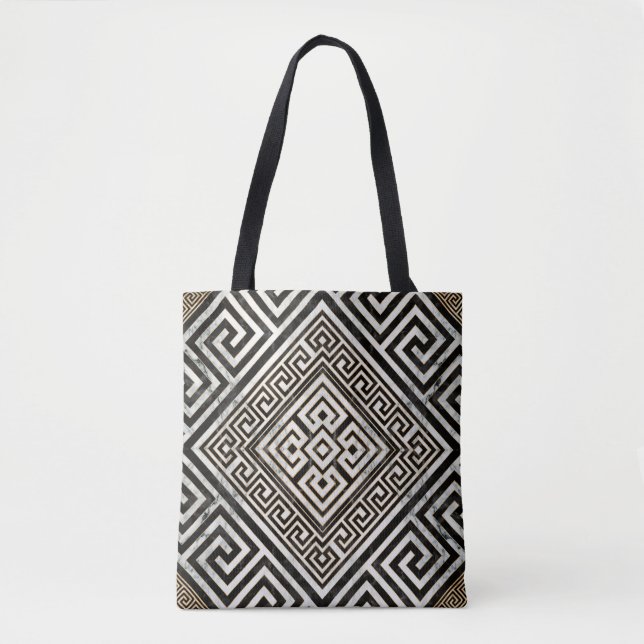 Bolso De Tela Greek Meander - Greek Key Black and White Marble (Anverso)